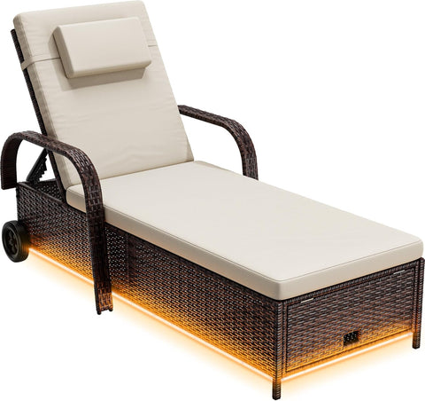 Outdoor Chaise Lounge Chair with LED Lights, Patio Wicker Lounge Chairs with 5-Level Backrest
