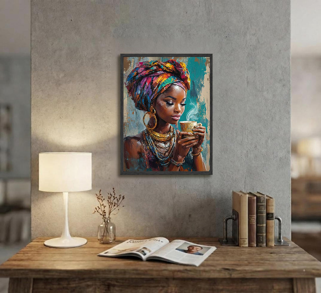 Framed Black Woman Canvas Wall Art, African American Wall Decor, Fashion Modern Abstract Painting Picture, Coffee