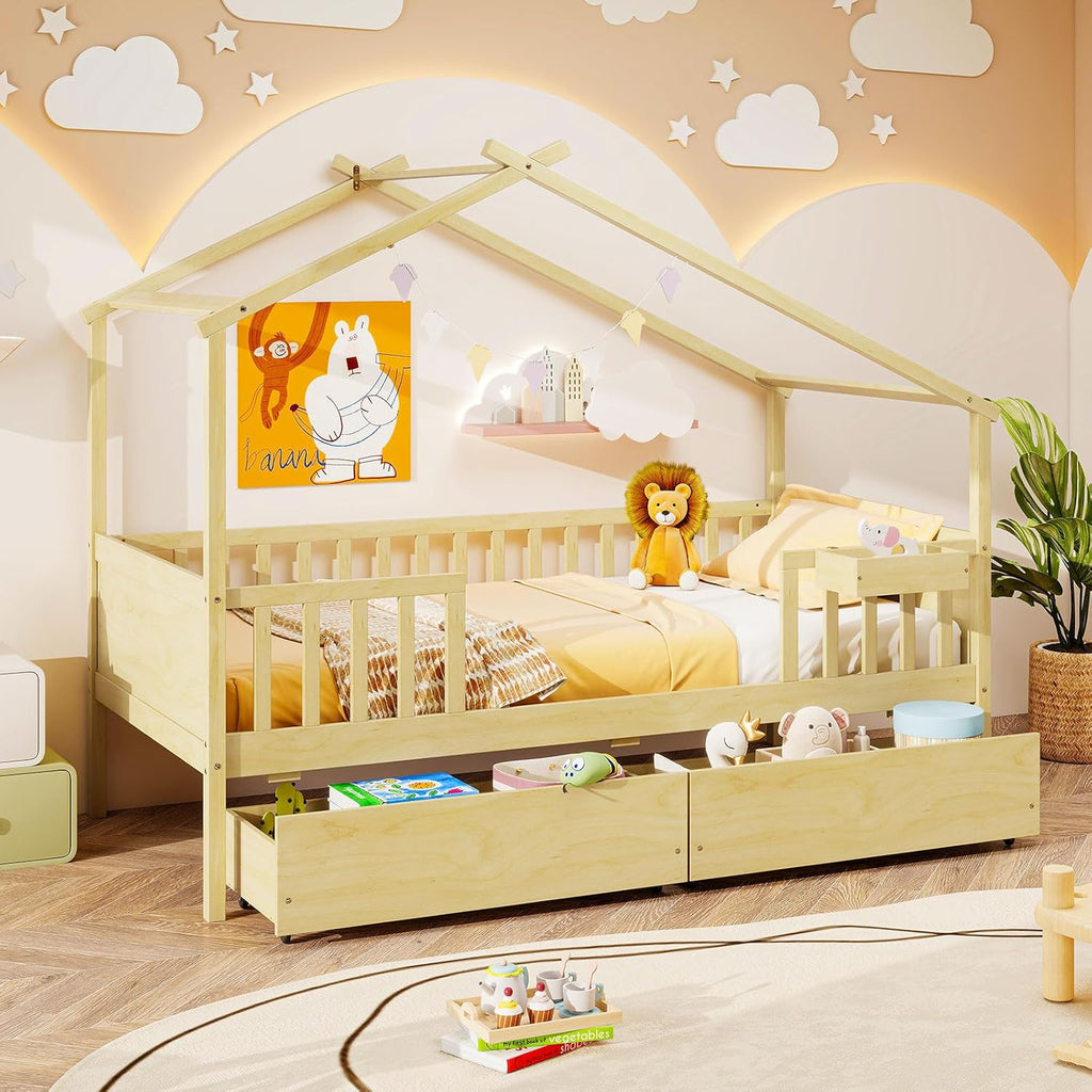 Tw Bed with Drawers, Wooden Bed Frame with Cube Storage & Fence Rails, Montessori Beds for Kids Boys, Girls