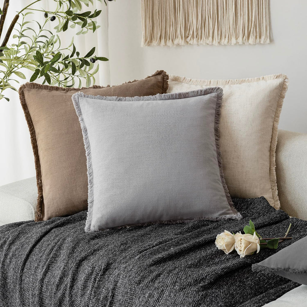 Boho Linen Fringe Lumbar Throw Pillow Covers 12×24 Light Gray
