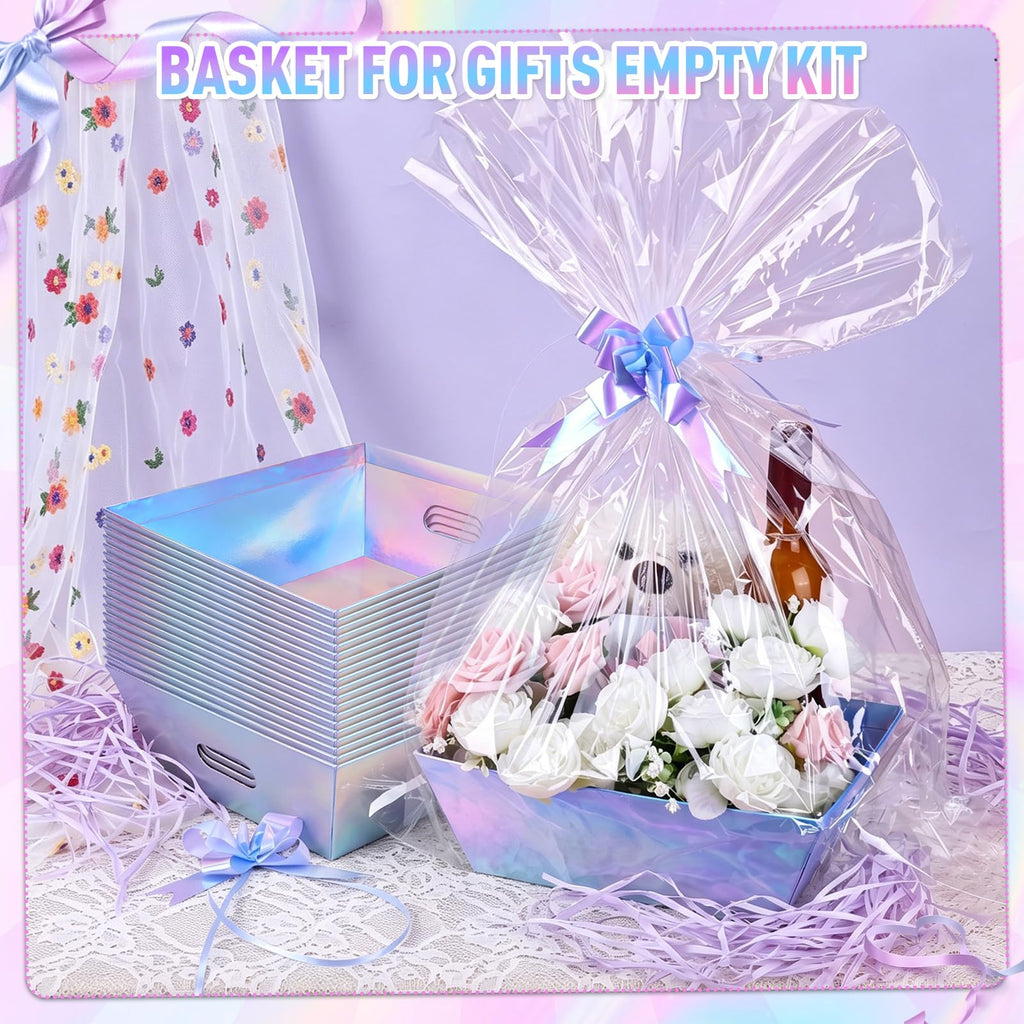 20 Pack Iridescent Gift Baskets Empty, 10x8 Thick Paper Basket with 20 Clear Bags and 20 Pull Bows, Holographic Gift