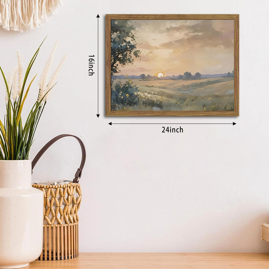 Wood Framed Vintage Wall Art, Fall Nature Sunset Landscape Canvas Wall Decor, Retro Country Farmhouse Prints Artwork