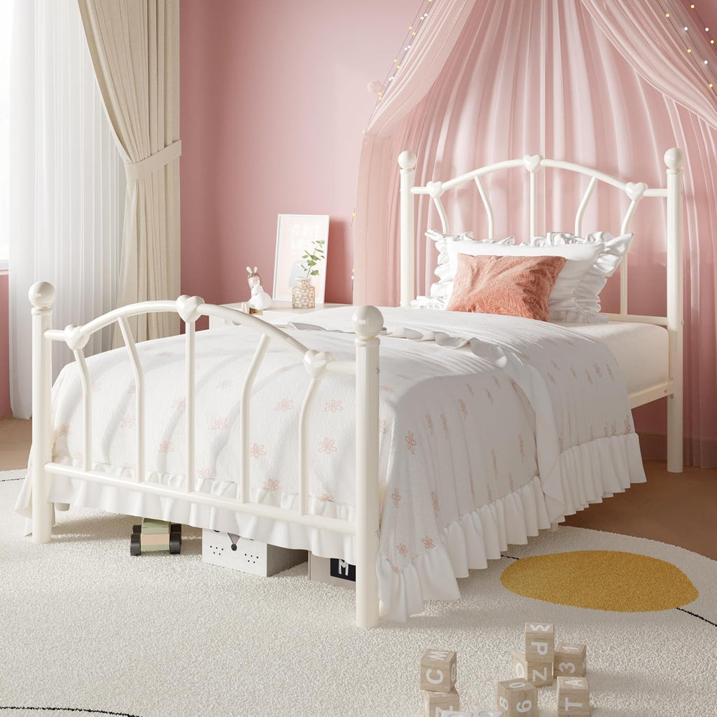Metal Twin Bed Frame for Kids, Heart-Shaped Design, Cream White | 14 Inch Iron-Art Plarform Bed with