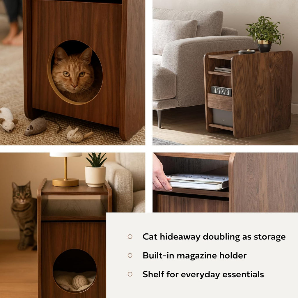 12'' Cat Hideaway Side Table - Cat House for Indoor Cats and Enclosed Bed Cave and Hideout for Small Pets