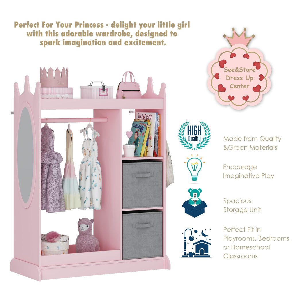 Kids Armoire Wardrobe Closet with Mirror and Storage Bin, Pink, 33.4 in W x 15.75 in D x 44.5 in H