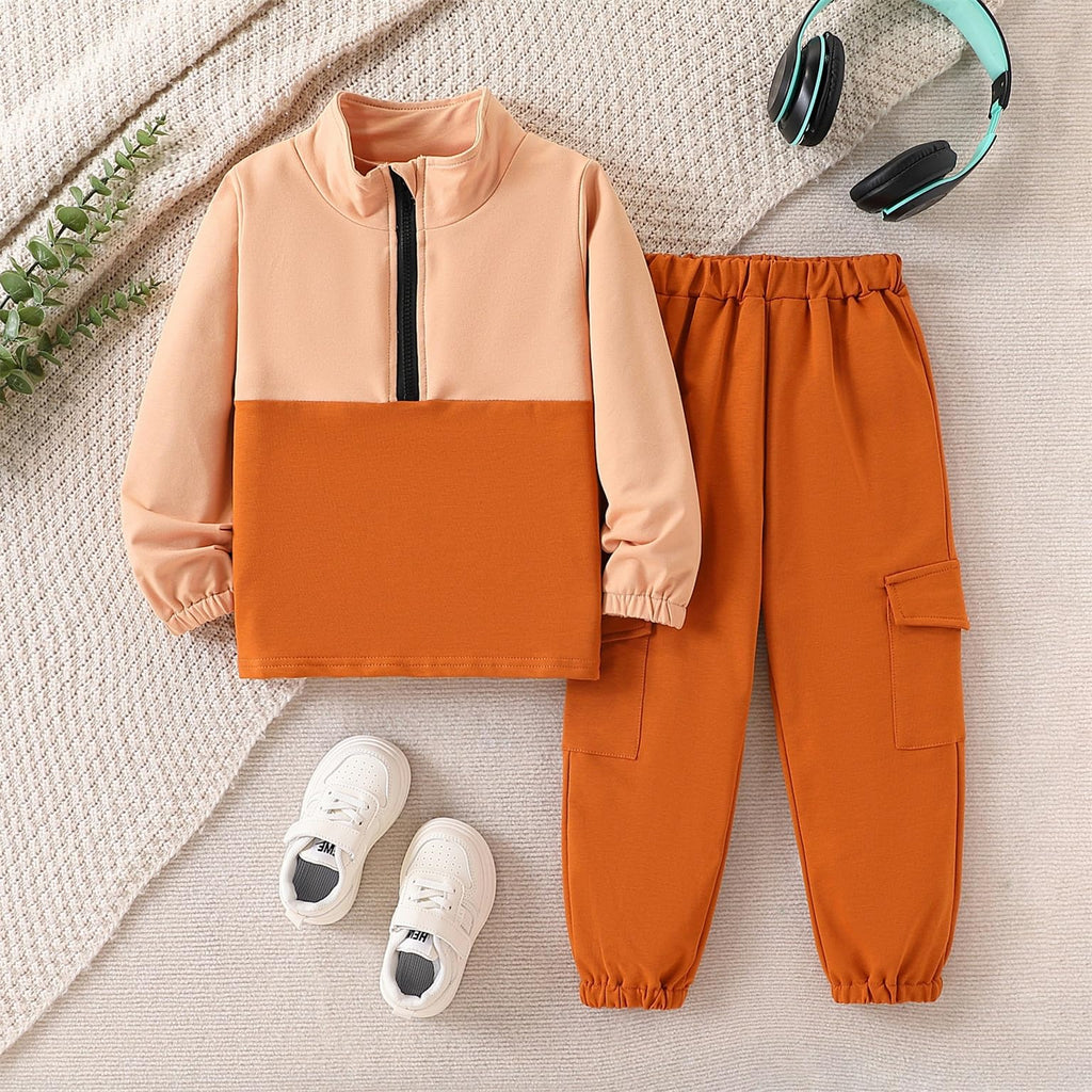 Toddler Boys Clothes Quarter Zip Long Sleeve Sweatshirt Cargo Pants Set Color Block Fall Outfits Set 7