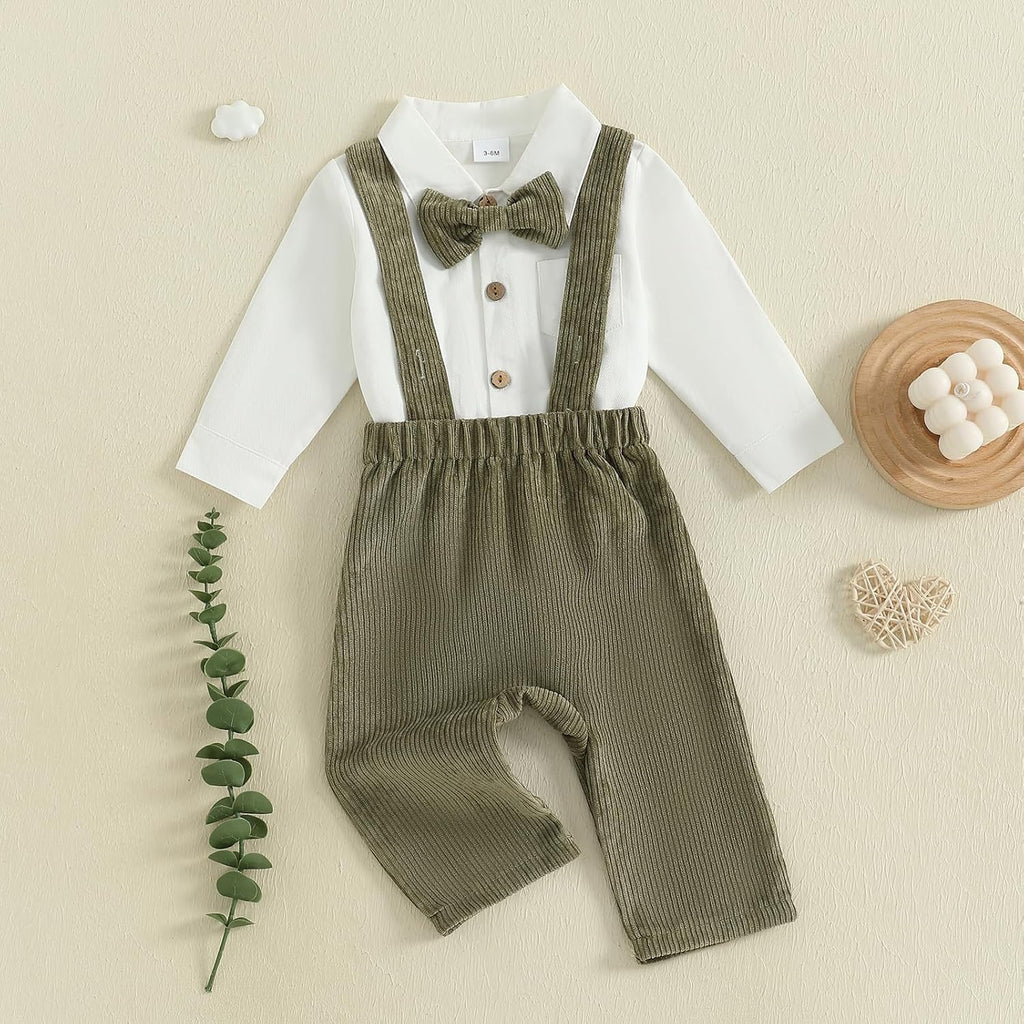 Infant Baby Boy Outfits Suit Bowtie Dress Romper+Suspender Overalls Pants Set Gentleman Wedding Clothes Formal