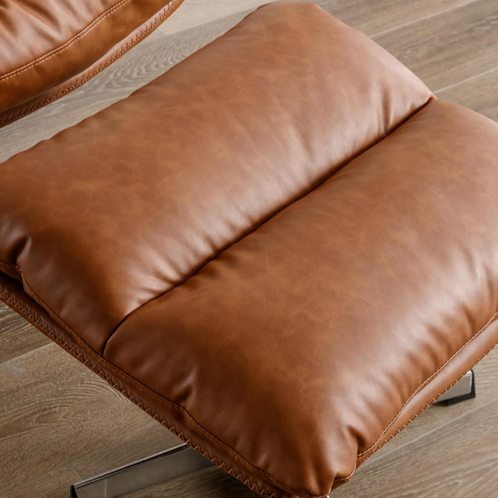 Modern Swivel Lounge Chair and Ottoman — Brown Faux Leather