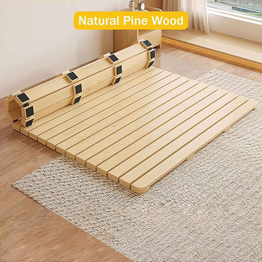 Foldable Wood Floor Bed Frame, Solid Pine Platform with Slats, Space Saving Tatami Style for Small Rooms, Easy