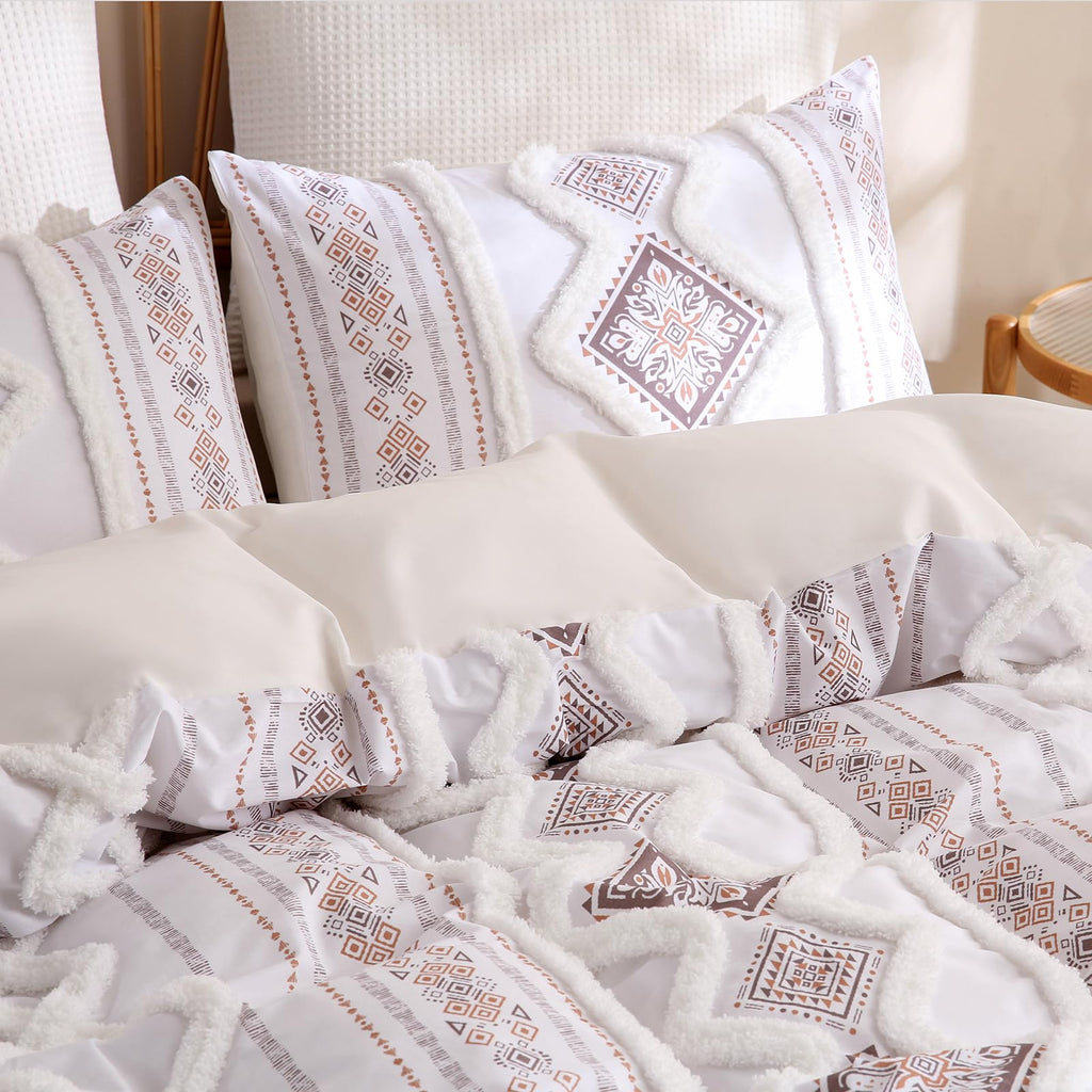 Light Brown 100% Cotton Boho Duvet Cover Set Queen Size, 3-Piece Tufted Textured Modern Boho Moroccan Bedding, Aztec