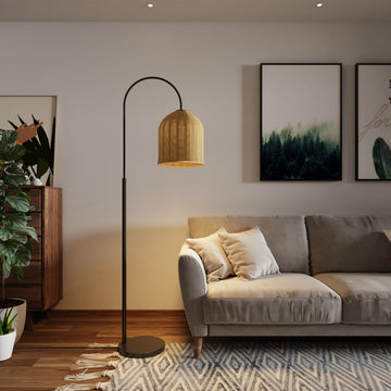 Rattan Floor Lamp, 66in. Boho Floor Lamp with Natural Brown Rattan Shade, Rustic Arc Standing Lamp for Coastal, Beach