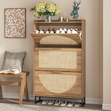 Rattan Shoe Storage Cabinet with 3 Flip Drawers, Freestanding Shoe Organizer with Metal Legs, Hidden Golden Handles