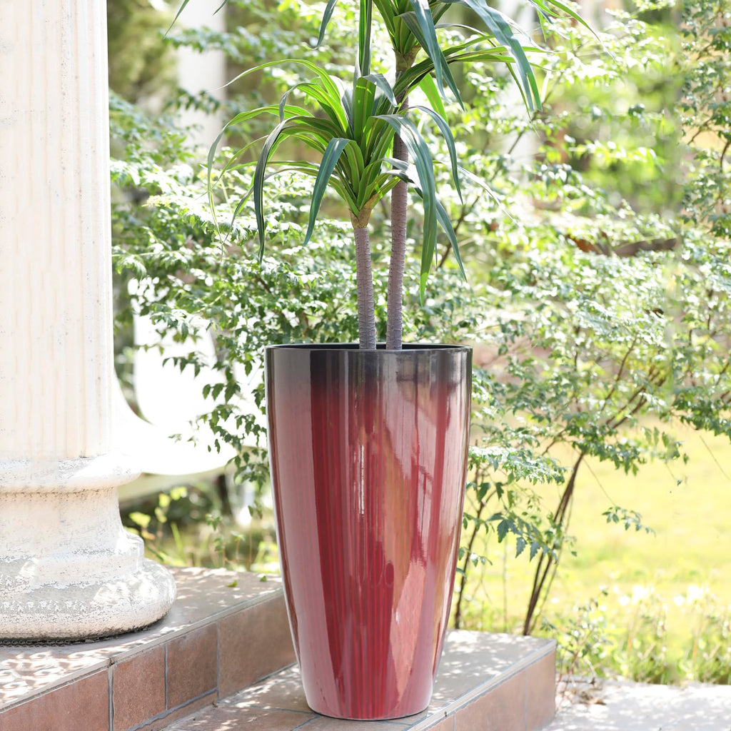 Large Outdoor Planters with Movable Insert Shelf/Drainage Hole, 21 Inch Black to Scarlet Gradient- Glossy Finish for
