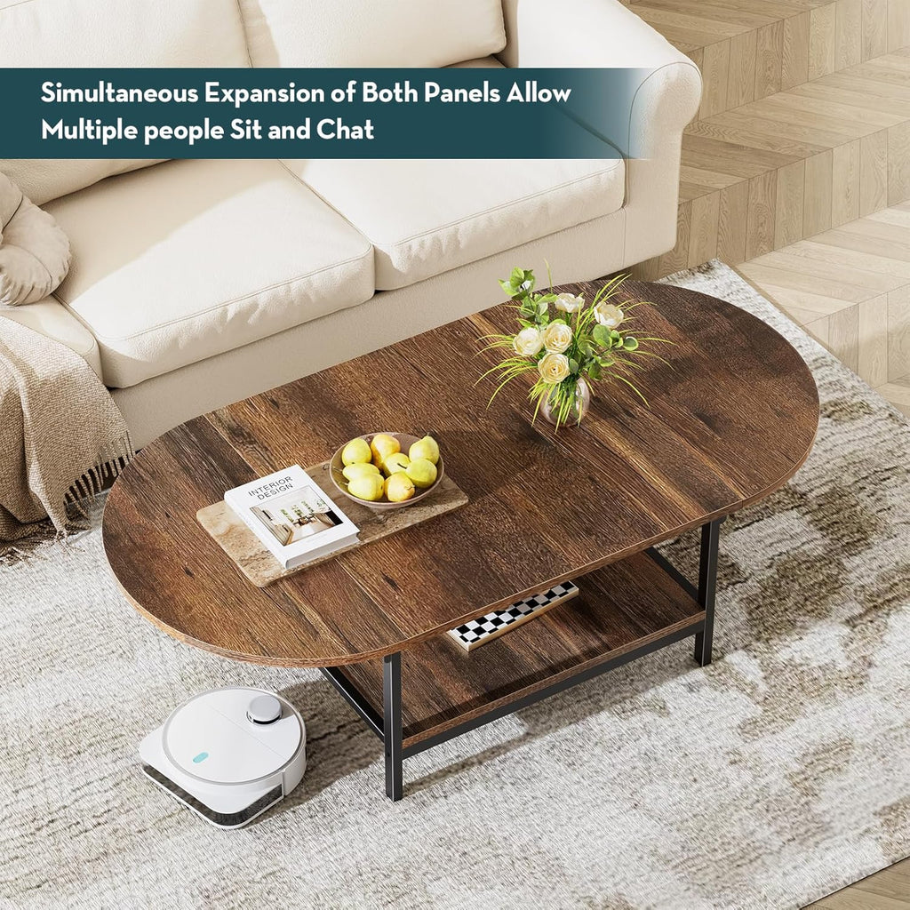 Folding Coffee Table, Small Coffee Tables with 2-Tier Storage, Mid Century Modern Center Table for Small Space