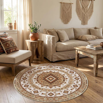 3ft Round Southwestern Rug, Geometric Tribal Pattern, Non-Slip Mat