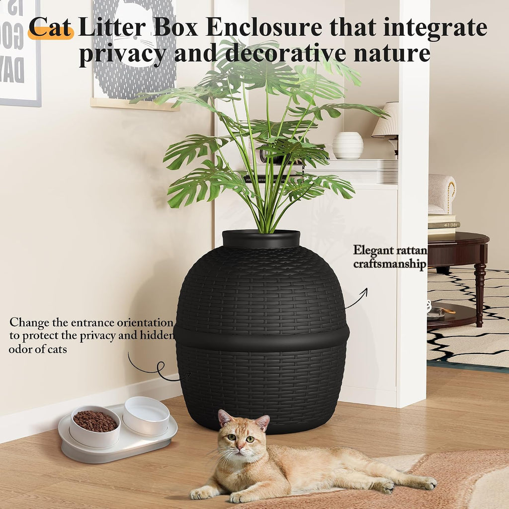 Hidden Litter Box with Faux Plant, Large Cat Litter Box with Rattan Pattern, Heavy Duty PP Material Litter Box