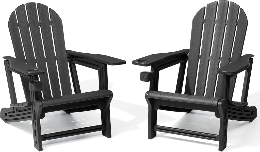 Adirondack Chairs Set of 2, HDPE Outdoor Chairs with Cup Holder | Heavy Duty 380 lbs Capacity, All Weather Wood