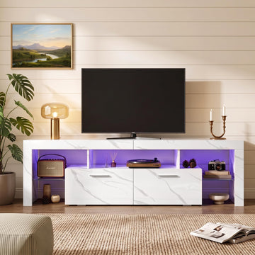 71" TV Stand with LED Lights for TVs up to 80 inch, White Marble