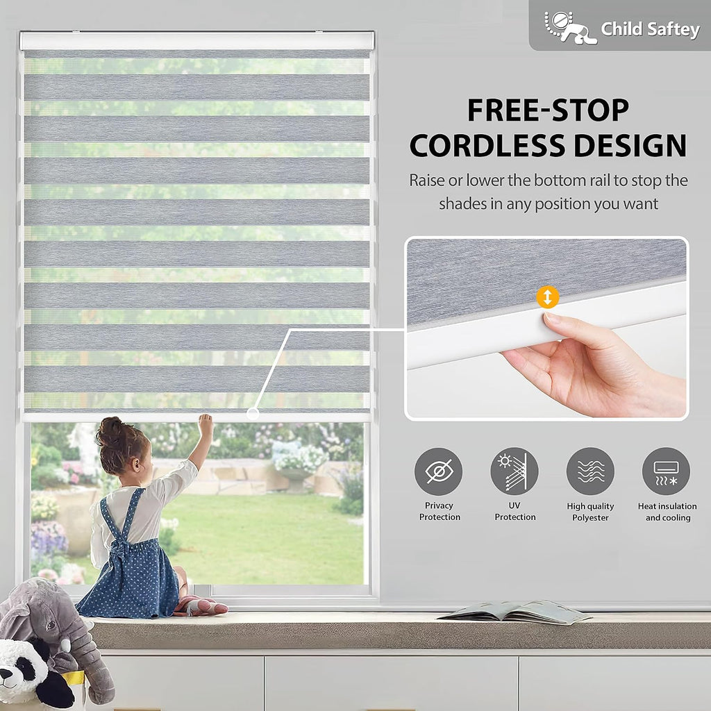 Cordless Zebra Blinds for Windows 64"x72", Grey - Linen | Free-Stop Roller Windows Shades with Cassette, Light
