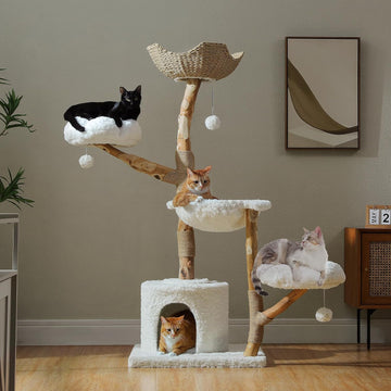 59" Modern Cat Tree, Natural Wood Cat Tower for Large Cats White