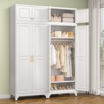 86" Tall White Metal Armoire Wardrobe Closet with Hanging Rod
