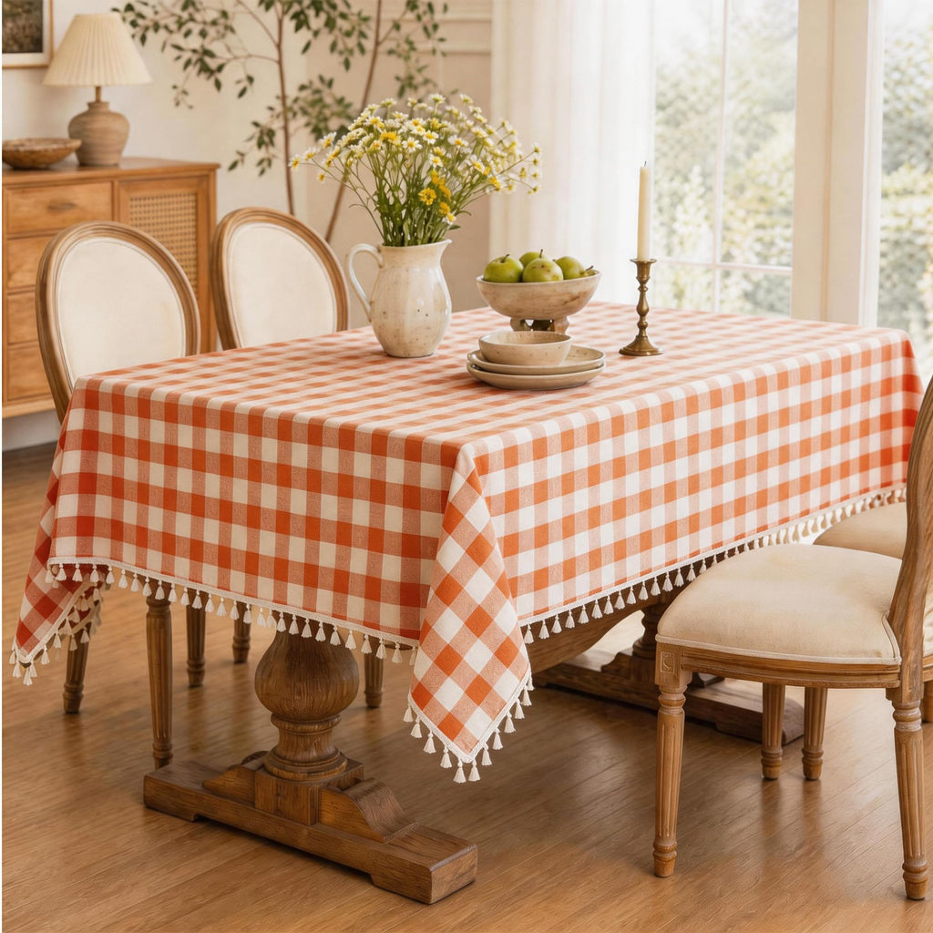 Checkered Tablecloth, Cotton Linen Gingham Fall Holiday Table Cloth for Rectangle Table with Tassel, Washable Heavy