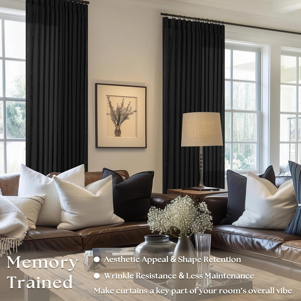 Black Pinch Pleated Linen Semi Sheer 120 Inch Curtains 2 Panels