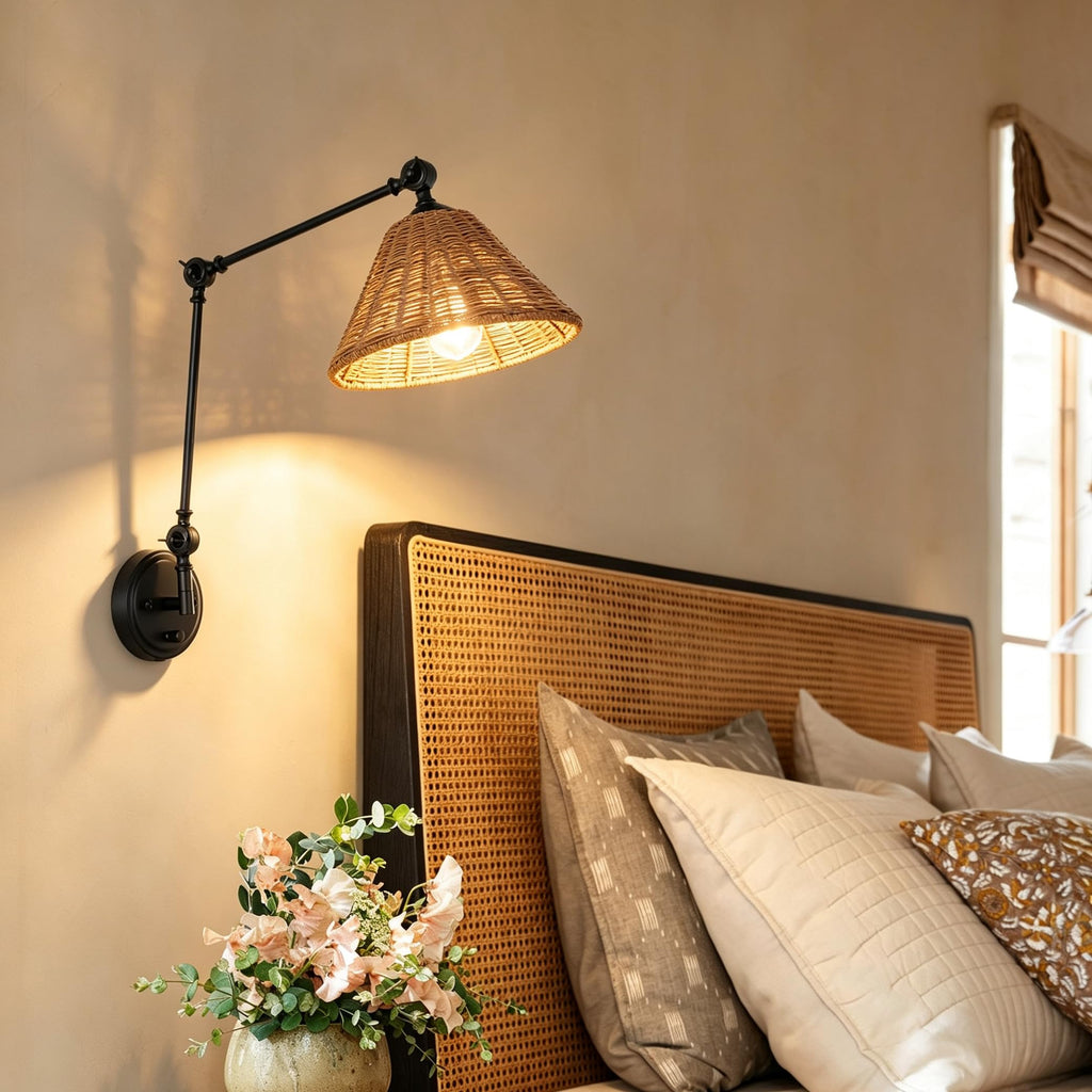 Wall Sconce Rattan Wrapped Wall Lamp, Adjustable Swing Arm Wall Light Fixture Vintage Bedside Light Wicker Handmade