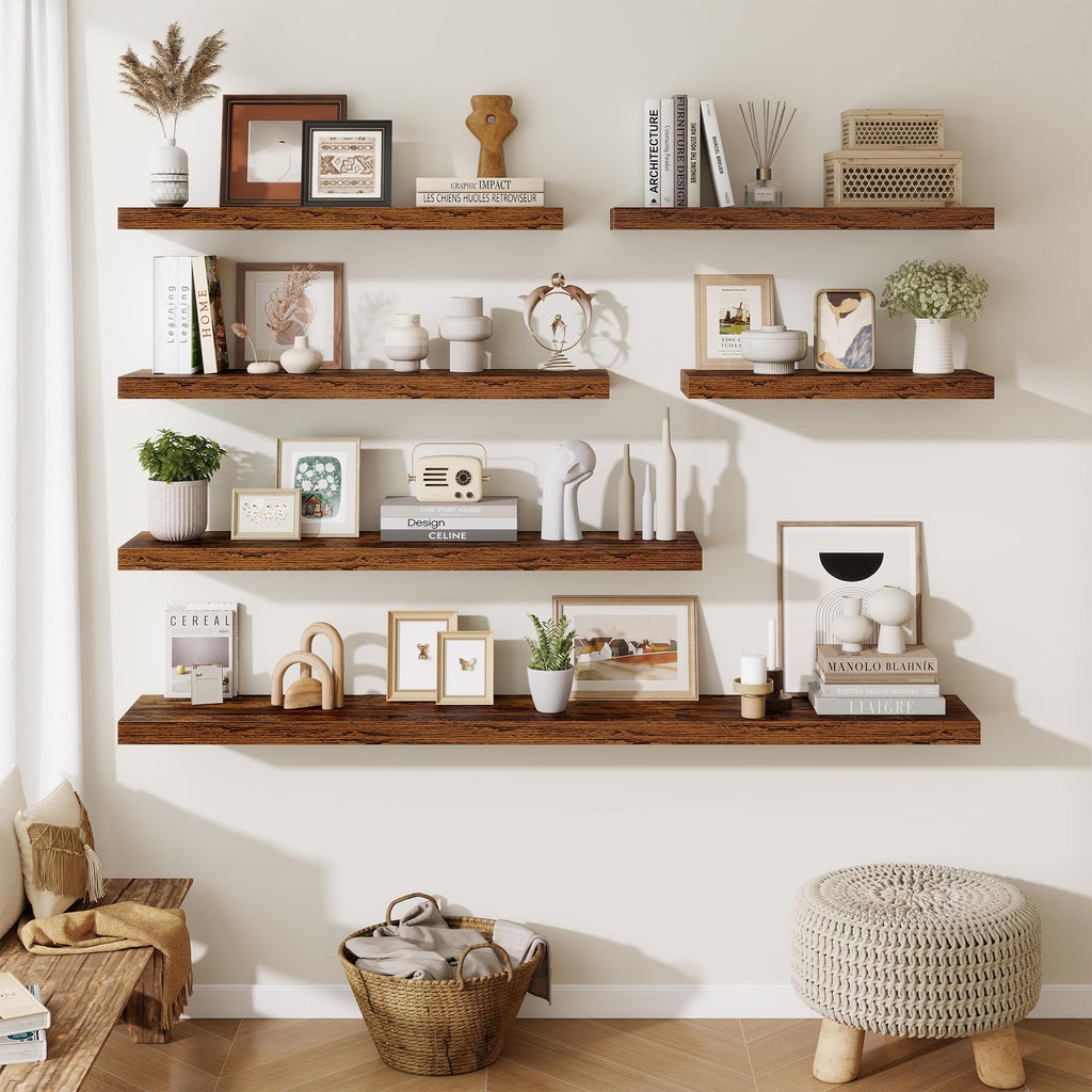Floating Shelves Set of 3, 40 Inch Long Wooden Wall Shelves, 10 Inch Deep Wall Mounted Storage Shelf with Metal