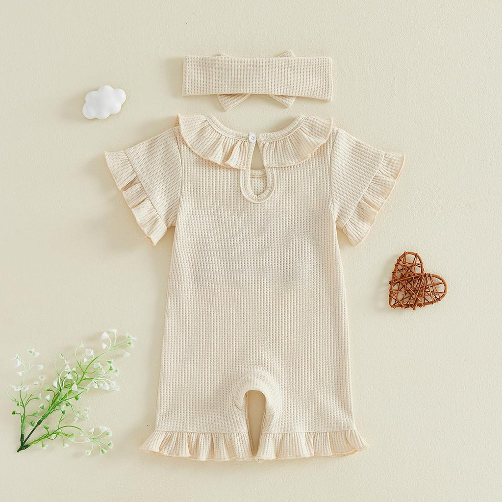 Baby Girl Summer Outfit Romper Hi I'm New Here Embroidery Ruffle Jumpsuit Infant Waffle Knit Clothes