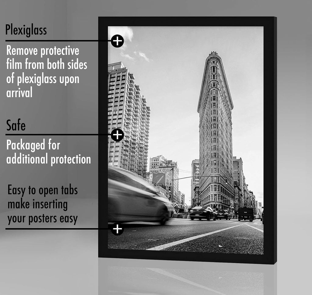 24x36 Poster Frame - Black Engineered Wood with Polished Plexiglass - Wide Picture Frame for Vertical or Horizontal