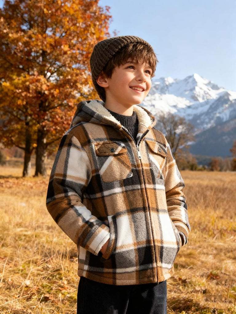 Boys Fleece Jacket with Hood Unisex Child Sherpa Lined Zip Up Warm Coat Hooded Sweatshirt Outerwear