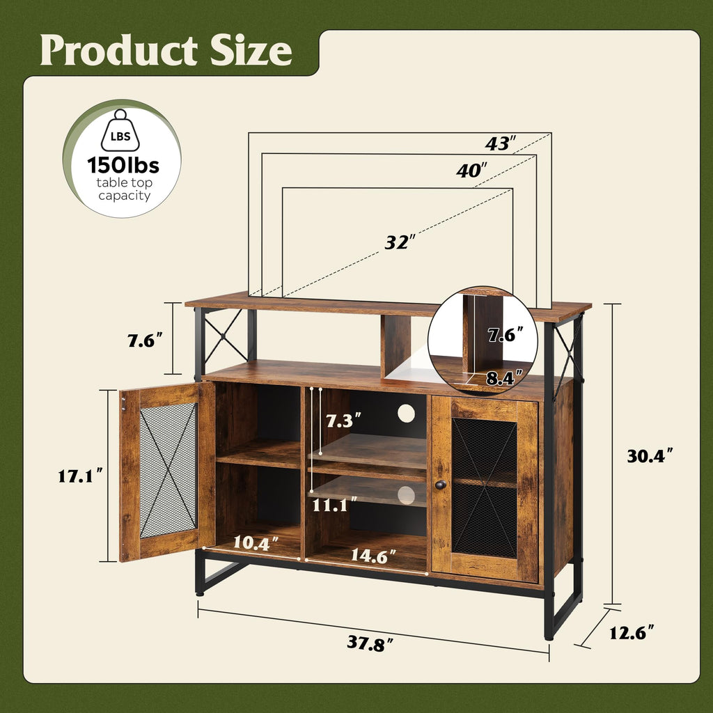 TV Stand for 43 Inch TV, Small Entertainment Center with Storage Cabinet & Adjustable Shelves, Farmhouse Industrial
