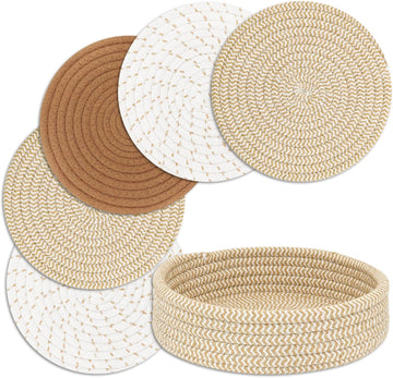 Trivets for Hot Dishes, Pots and Pans, Hot Pads with Storage Basket, Pot Holders, Heat Resistant Mat Protect Counter - Set of 5