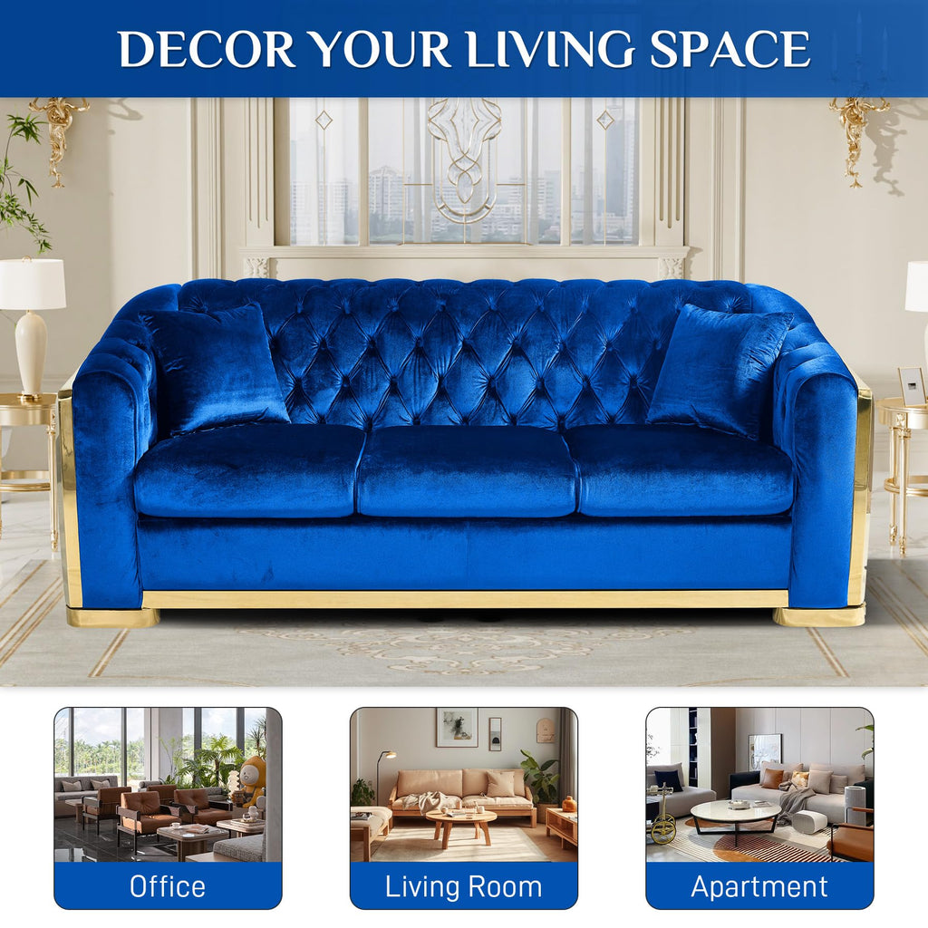 Chesterfield Loveseat and Sofa Set, Luxury Tufted Gold Couch, Blue