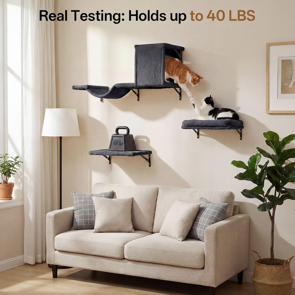 Cat Wall Shelves, 5-in-1 Cat Wall Furniture Set, Grey