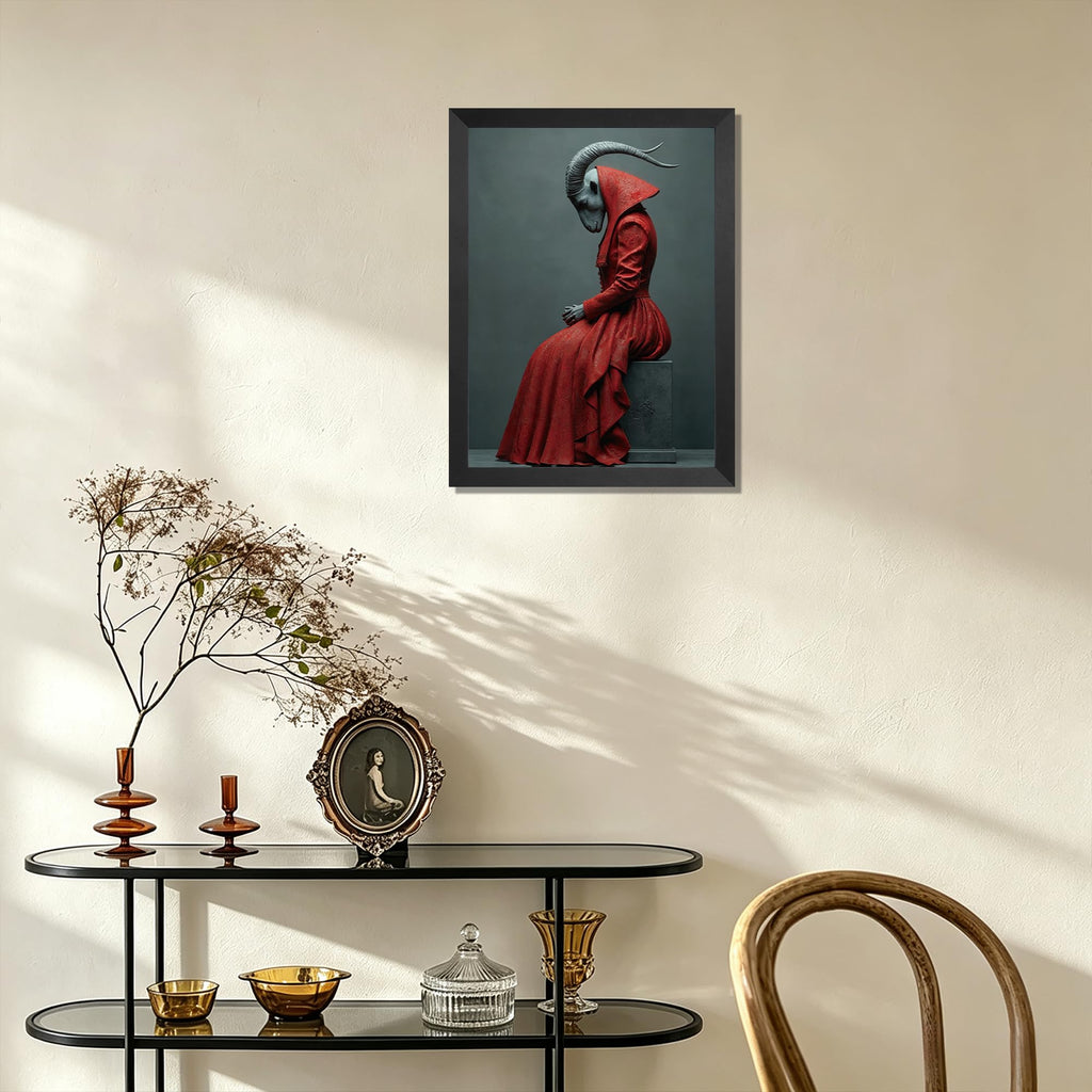Mystical Goat-Headed Figure in Red Robe Wall Art, Surreal Fantasy Sculpture Print, Dark Gothic Decor for Study or