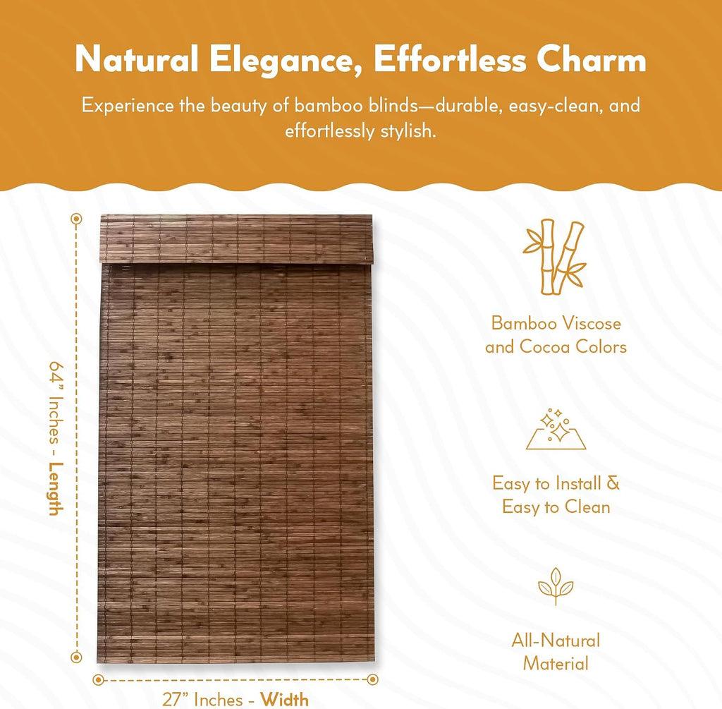 Cordless Bamboo Roman Shades for Windows - Flatstick Bamboo Blinds for Semi-Private Light Control - Easy to Lift & Fold Up Window Shades - Cocoa - 23 in. W x 64 in. L - (2216300E)