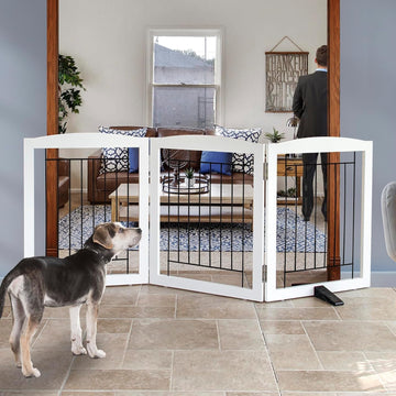 Freestanding Dog Fence Indoor, Foldable Dog Gate for Doorways, Stairs or Hallways, Sturdy Wood Extra Wide Pet Gate