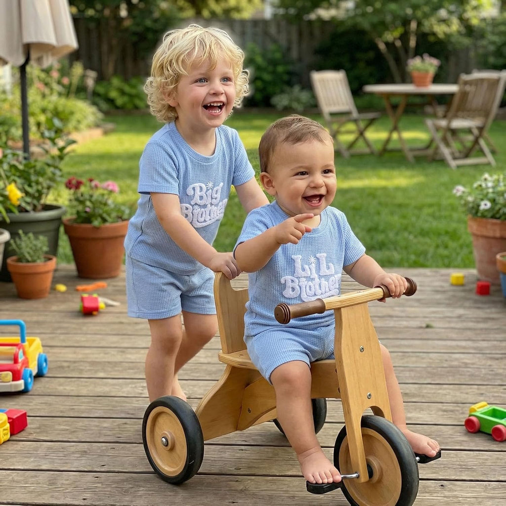 Toddler Baby Sister Brother Matching Outfit Big Sister&Lil Brother Embroidery Waffle Knit Top+Short 2pcs Summer Set