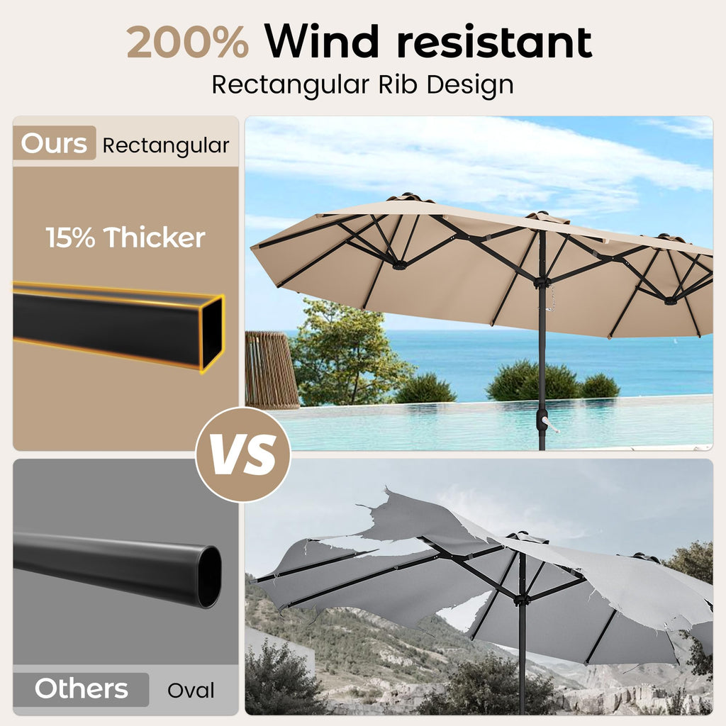 15ft Patio Umbrella with Base, Large Double-Sided Rectangular Umbrella, Beige