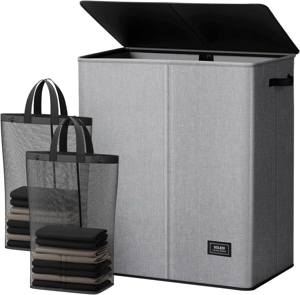 Double Laundry Basket with Lid and Removable bag, Large Laundry Hamper 2 Section with handles, Collapsible Dirty