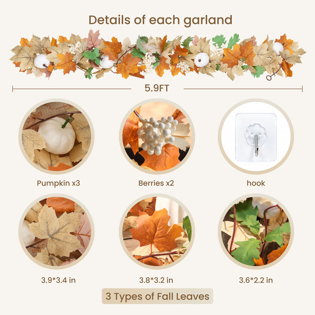 16 Pack Fall Leaf Garland, Total 94.4 FtWhite Artificial Fall Maple Leaves Autumn Vines Garland Thanksgiving Decor