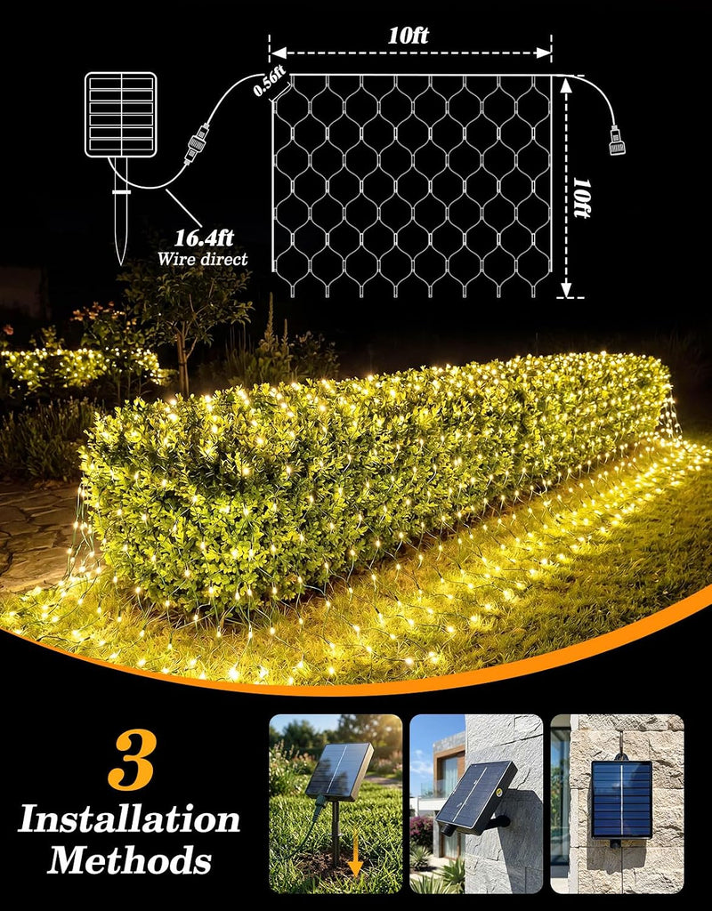 10x10FT Solar Christmas Net Lights Outdoor Waterproof with Remote