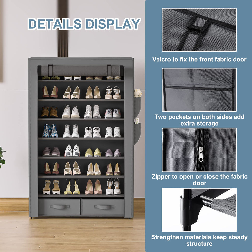 Shoe Rack Dustproof Sturdy 8Tier Tall Large Storage with Side Pocket
