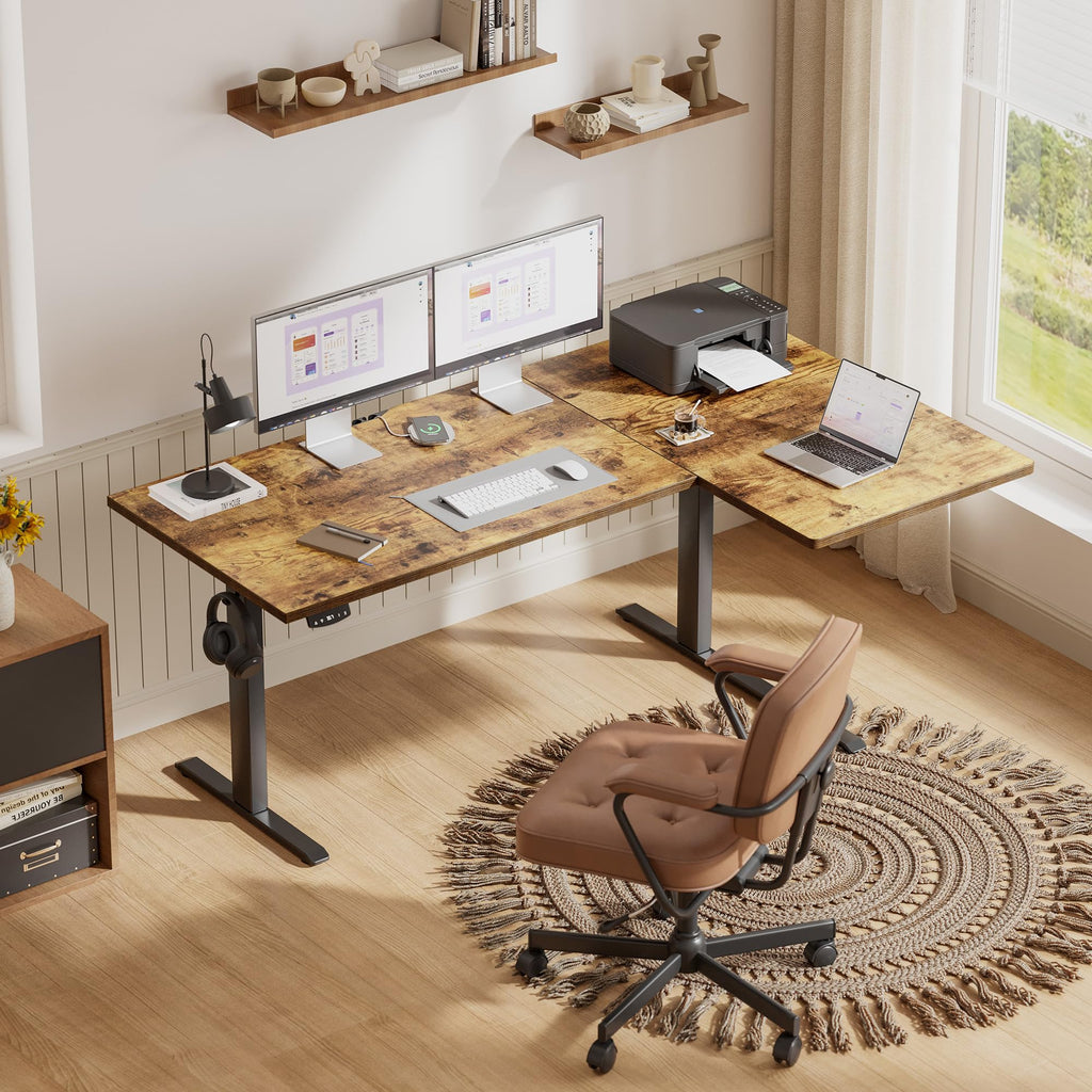 55 * 28 Inch Reversible L Shaped Electric Standing Desk, Brown