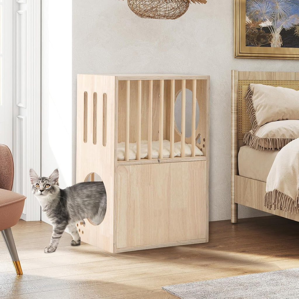 2-Tier Luxury Wood Cat House, Wooden Kitten Cage Condo with 2 Washable Plush Cushions, 2 Access Holes, Indoor Pet