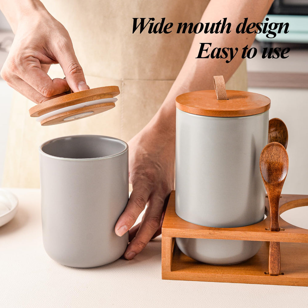 Gray Ceramic Canister Set of 2 with Bamboo Lids, Wooden Stand & Spoons - 35oz & 28oz Airtight Food Storage Jars for