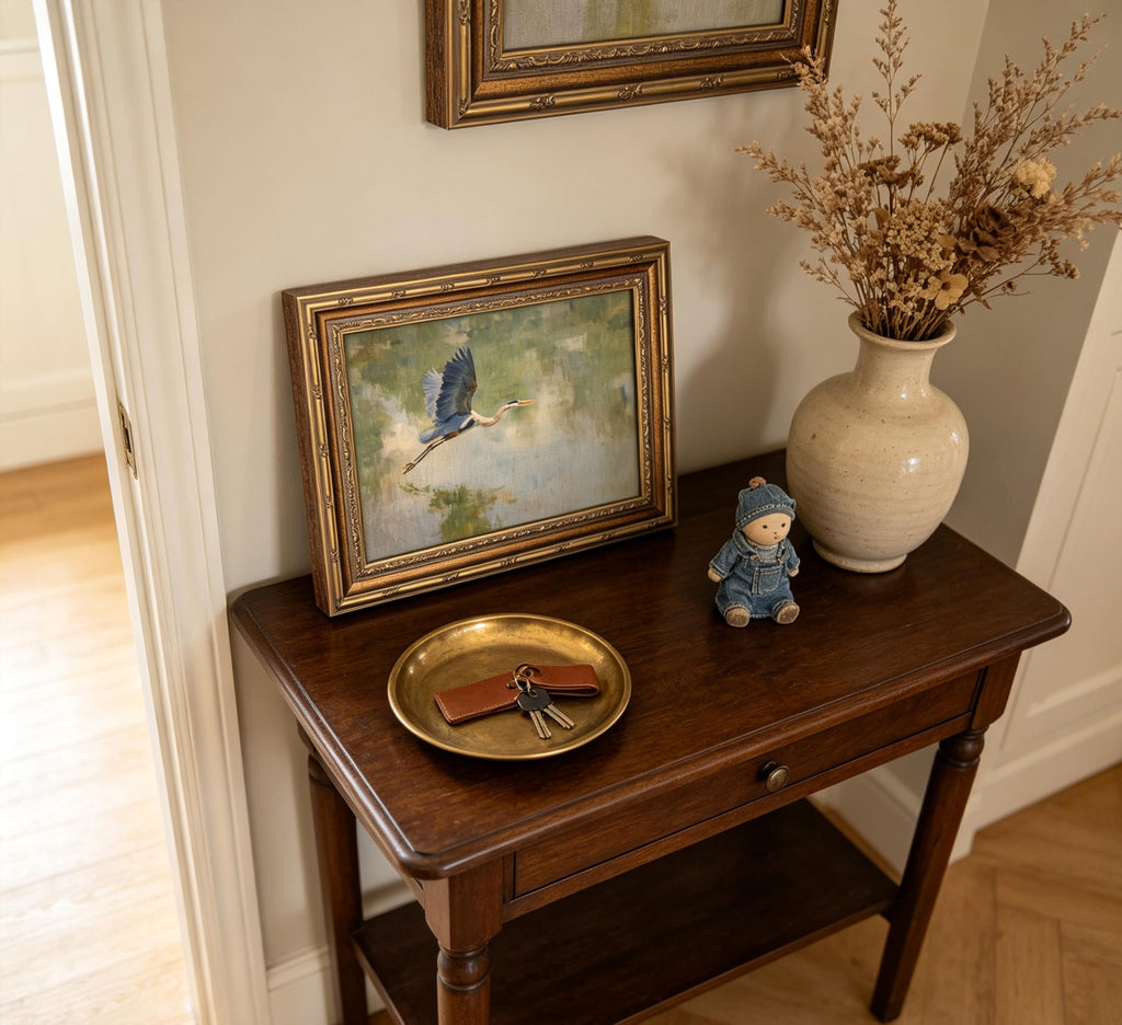 Vintage Gold Framed Heron Wall Art, Retro Impressionist Wetland Coastal Bird Oil Painting Canvas Print, Antique Blue