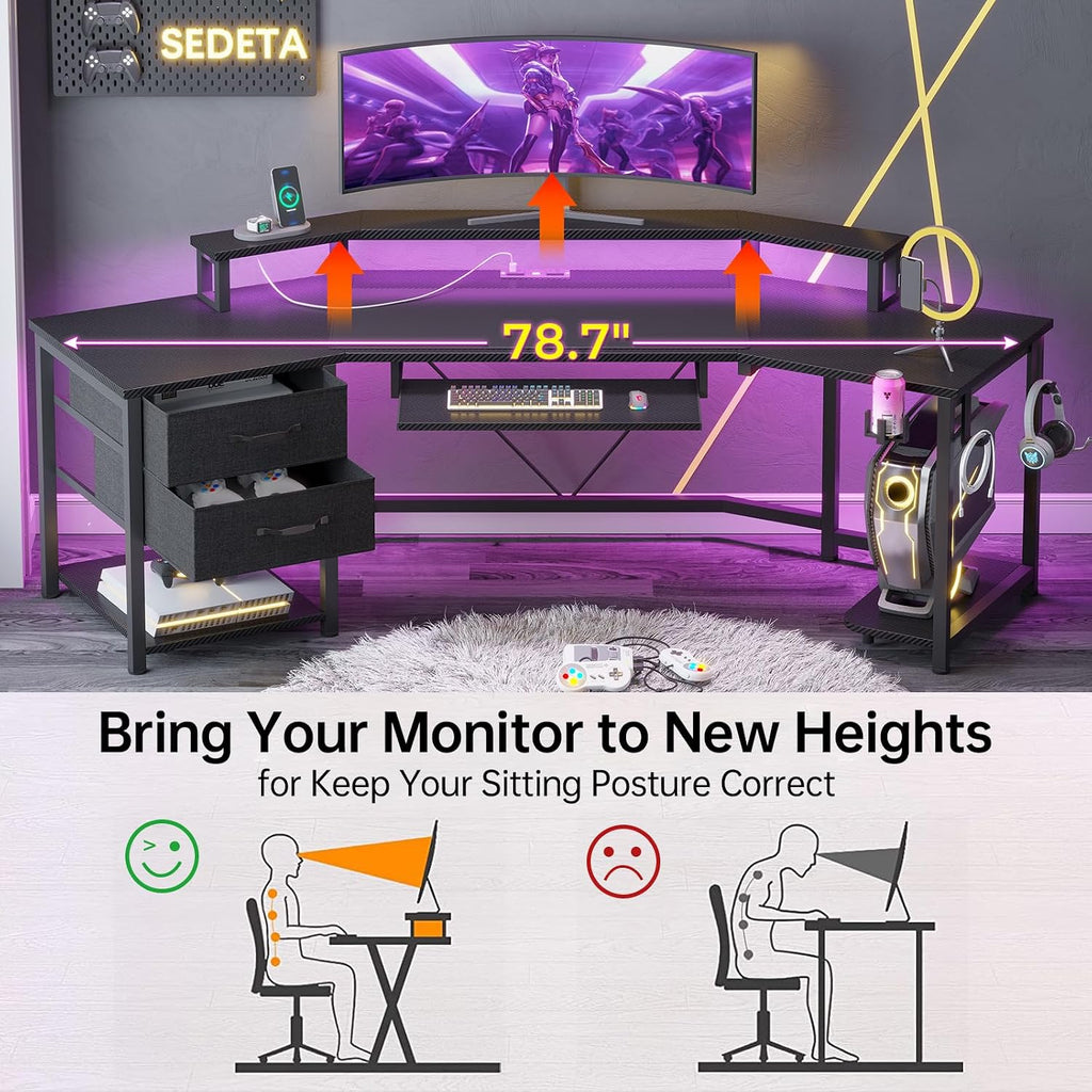 79" Gaming Desk with Fabric Drawers Storage, LED Light & Power Strip | Carbon Fiber Black Long Computer Desk with